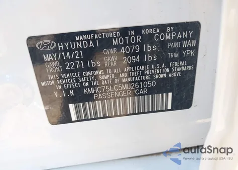 2021 Hyundai Ioniq Hybrid Se z USA, uszkodzony, nr VIN KMHC75LC5MU261050